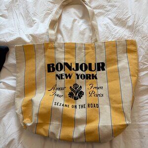 SEZANE Bonjour New York Tote Bag New Yellow Cream Stripe Rare Amour Tour Paris